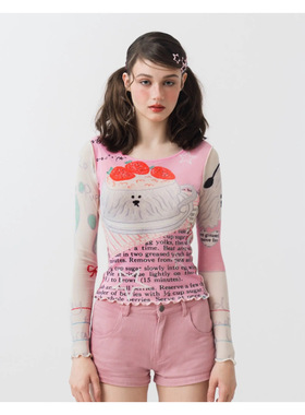 Sixthdimension 少女y2k童趣图案网眼长袖修身T恤上衣