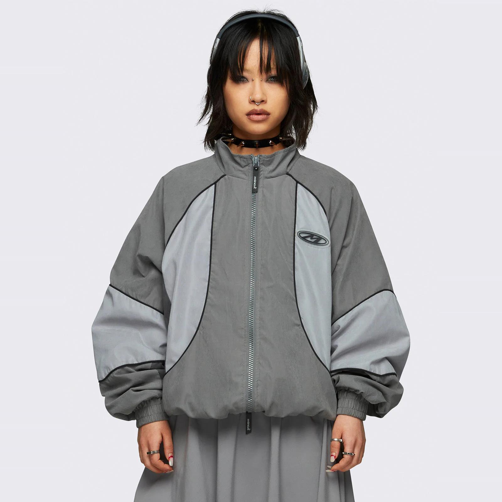 minga美式朋克灰色拼接风衣外套