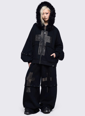 Minga暗黑哥特 黑色铆钉设计 仿皮草帽 宽松连帽外套卫衣套装