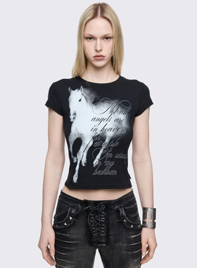 Minga 暗黑亚文化 小马英文图案 短款修身短袖上衣 babytee