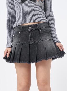 Minga春夏新品复古Y2K水洗黑色皱褶自然腰显瘦a型半裙牛仔短裙