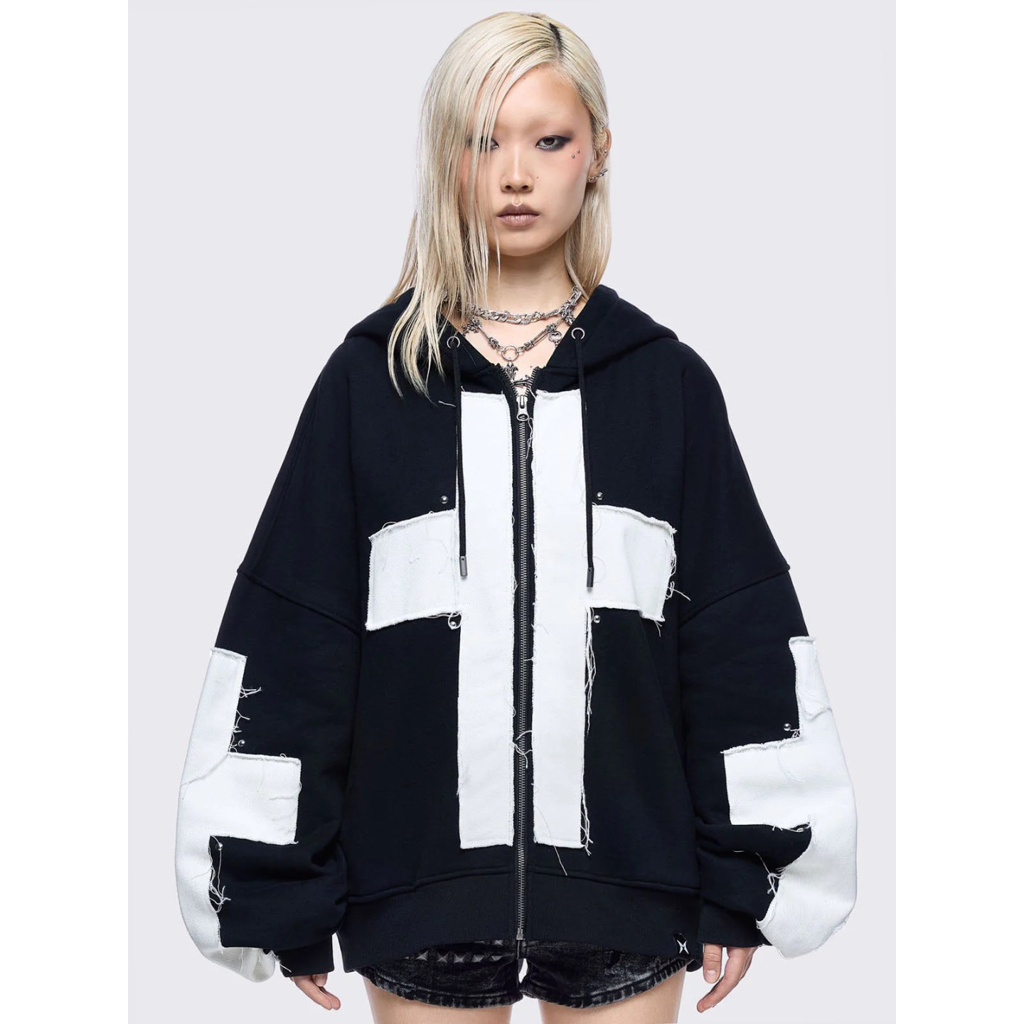 Minga哥特十字架贴布连帽外套