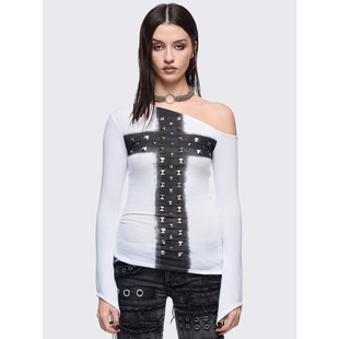 露肩长袖 Minga新品 侧边褶皱修身 黑色粗十字架铆钉 暗黑哥特风