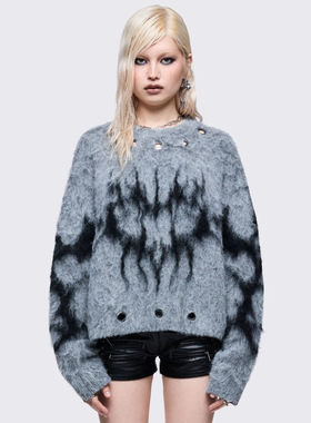 Minga新品 亚文化朋克 灰色/黑色 心形图案/粗孔眼镂空 长袖毛衣