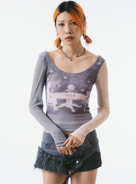 Sixthdimension 亚文化手绘图案短款网眼长袖上衣