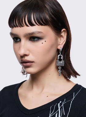 Minga新品 亚文化朋克 做旧银色粗圈 钥匙/锁扣 吊坠 耳环套装