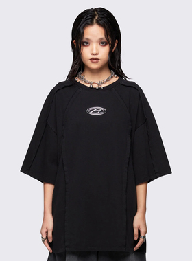 Minga 新品美式朋克 金属logo标志 oversized圆领宽松短袖T恤上衣