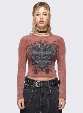 Minga新品 美式朋克羽翼十字架印花 水洗扎染红 短款修身长袖上衣