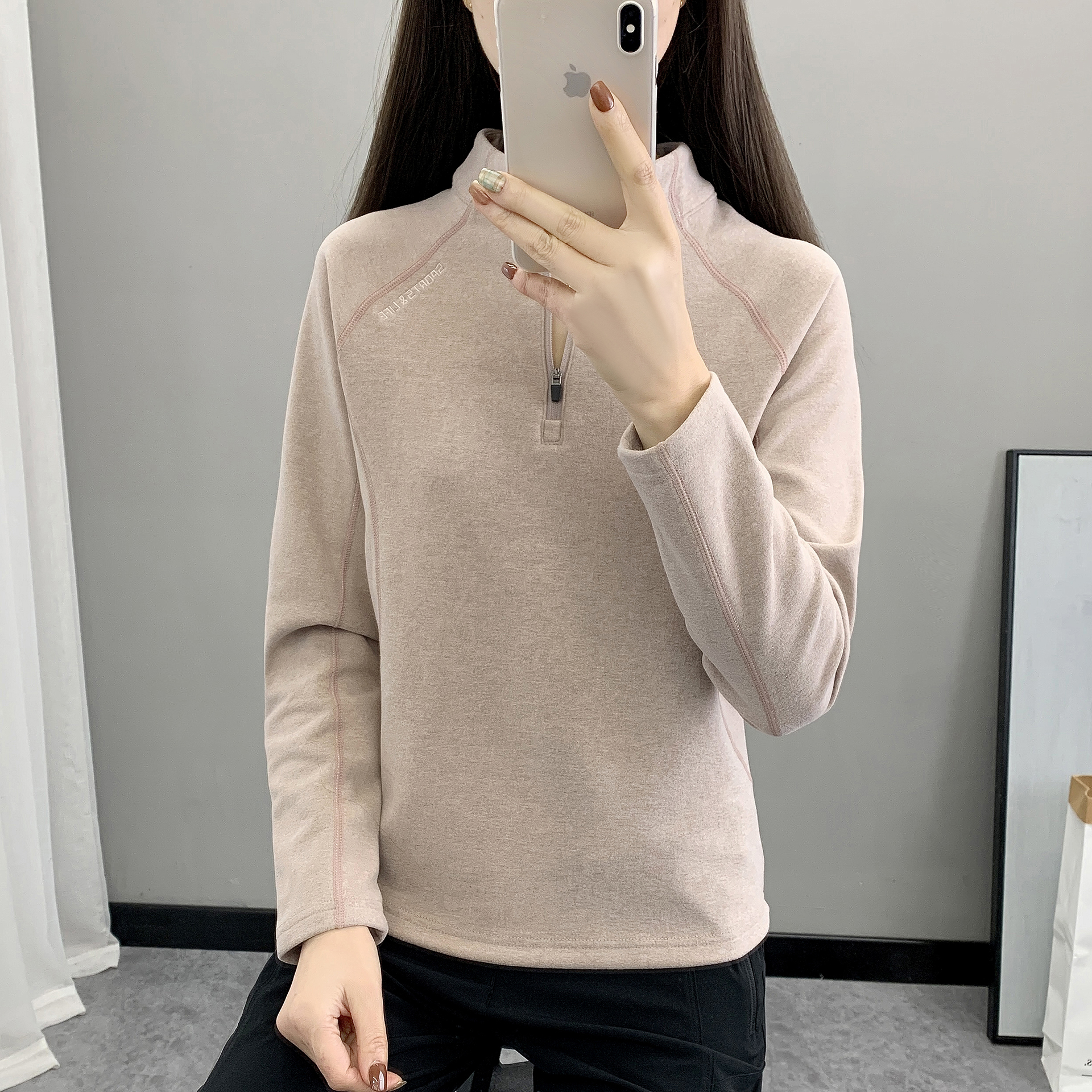 户外运动半拉链立领长袖打底衫女保暖德绒加厚加绒秋冬舒适速干衣