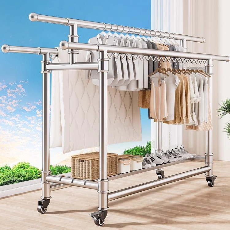 304不锈钢晾衣架置地三杆可移动伸缩折叠简约家用室内室外晒被子