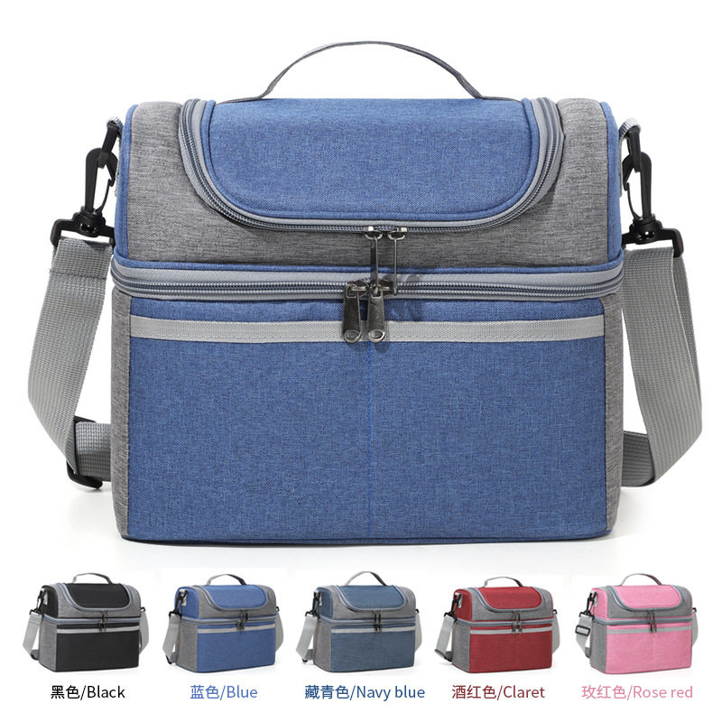 双层拼色保鲜冰包简约时尚可斜挎手提饭盒袋大容量午餐便当保温包