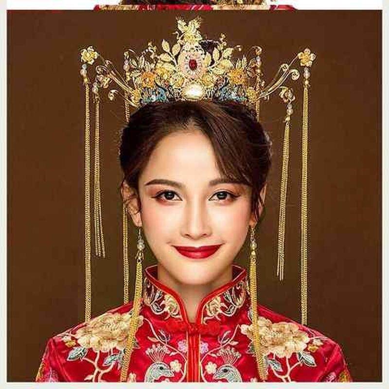 新娘金色圆冠中式古装头饰秀禾和服凤冠发箍长流苏结婚礼服发饰品