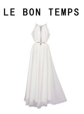 【LBT】ins风白色吊带长裙女 方领腰部镂空圆环扣高开叉度假裙