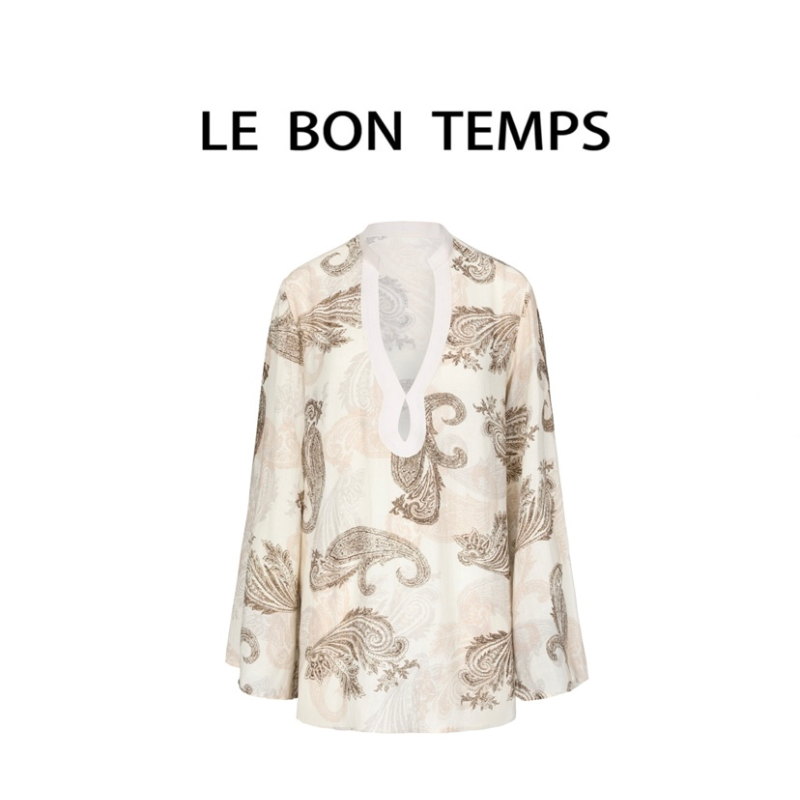 法式复古中长款印花宽松V领上衣