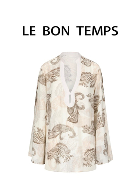 【LE BON TEMPS】法式复古高级感中长款印花宽松V领上衣c801495