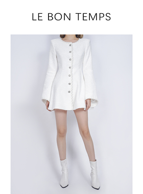【LBT& 秋冬新款】时尚喇叭袖白色编织小香风连衣裙外套c801135