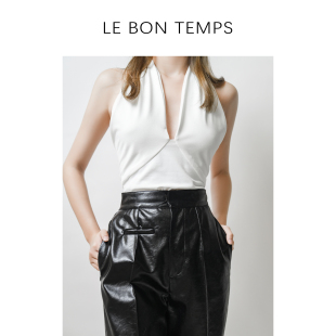 LE BON TEMPS&挂脖连体背心女V领欧美漏背无袖上衣
