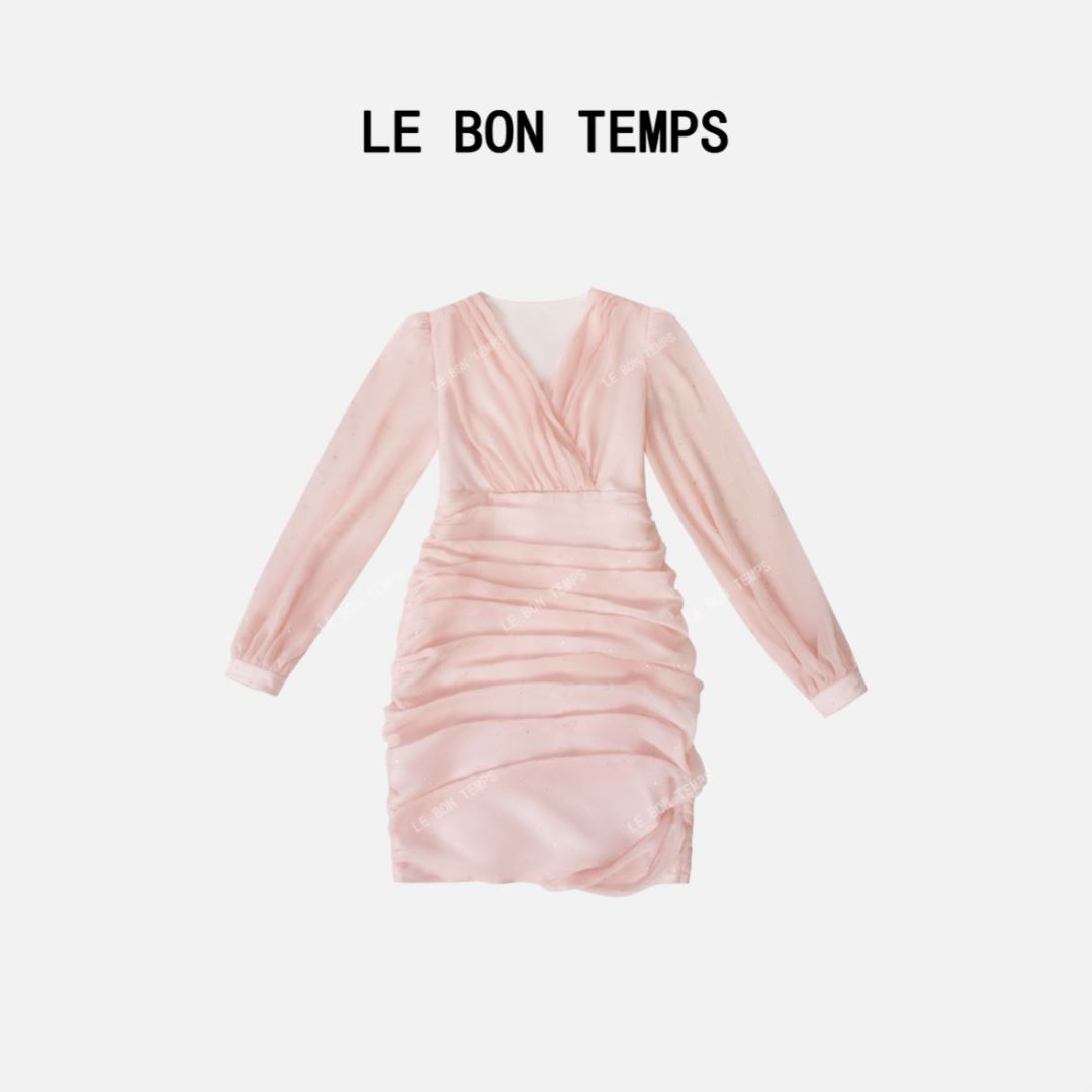 法式新款烫钻V领长袖礼服连衣裙