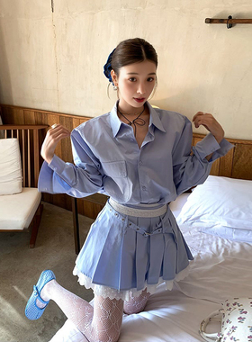 日本offcat2025春夏新款休闲洋气时尚减龄套装蓝色衬衫百褶短裙两