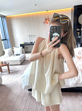 日本offcat白色亚麻套装女2025夏季新款小个子韩系两件套无袖上衣