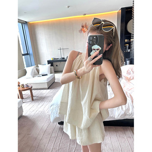 日本offcat白色亚麻套装女2025夏季新款小个子韩系两件套无袖上衣