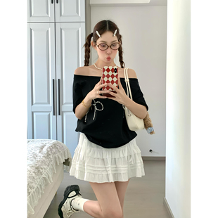 日本offcat小众设计蝴蝶结珍珠斜肩短袖T恤女夏季宽松一字肩上衣