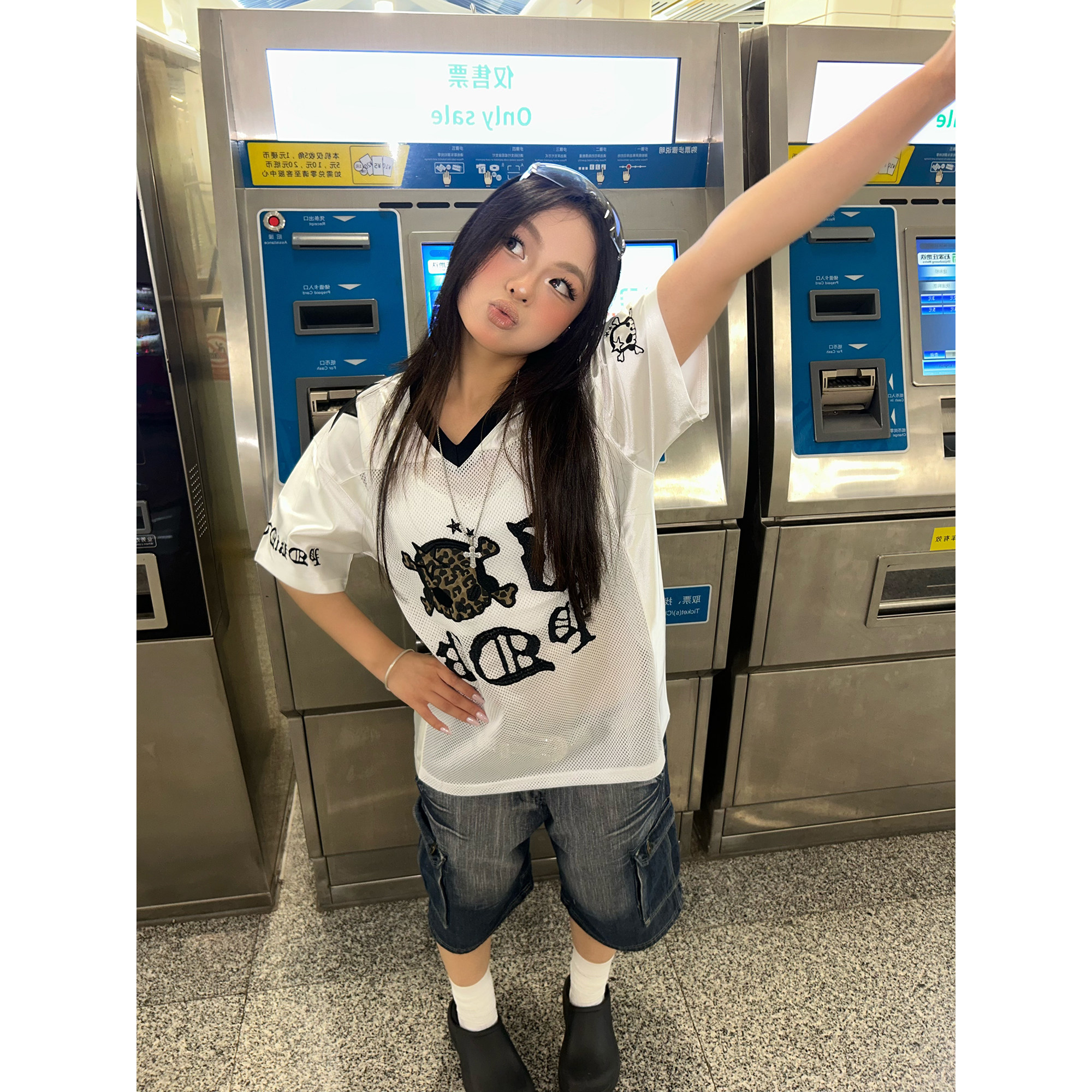 日本offcat美式复古豹纹骷髅头网眼拼接短袖T女夏季宽松上衣球衣