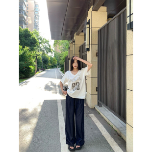 日本offcat美式 宽松显瘦上衣 白色短袖 t恤女V领蕾丝拼接体恤夏季