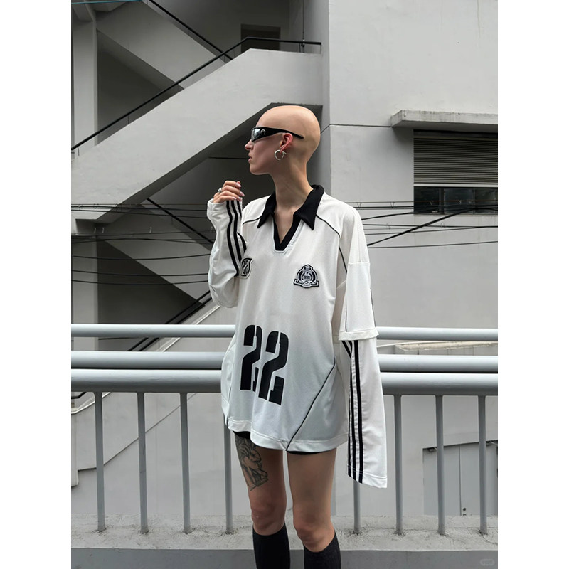 日本offcat透气网眼条纹足球服秋国潮牌美式复古运动撞色球衣长袖