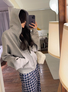 日本offcat灰色连帽卫衣女2025春秋季新款韩系宽松慵懒松弛感小个
