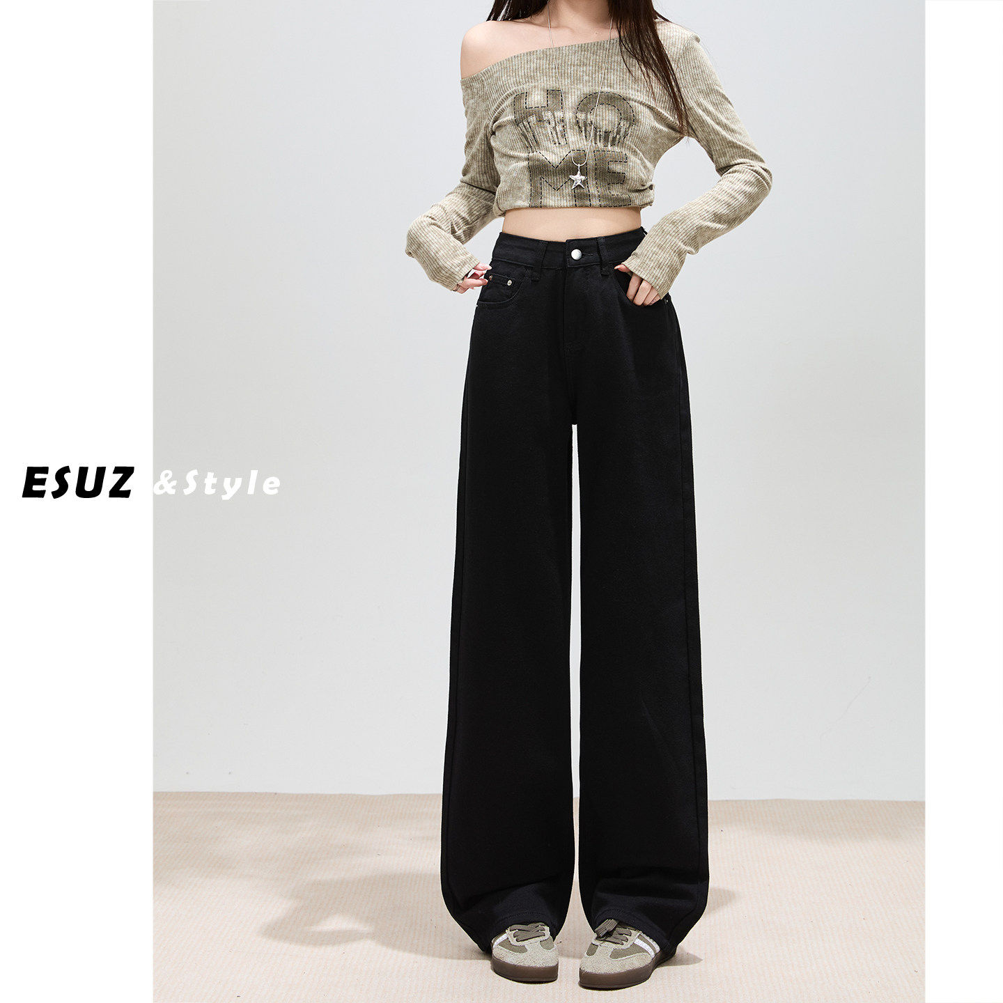日本offcat黑色阔腿牛仔裤女早春2026新款小个子显瘦宽松垂感窄版
