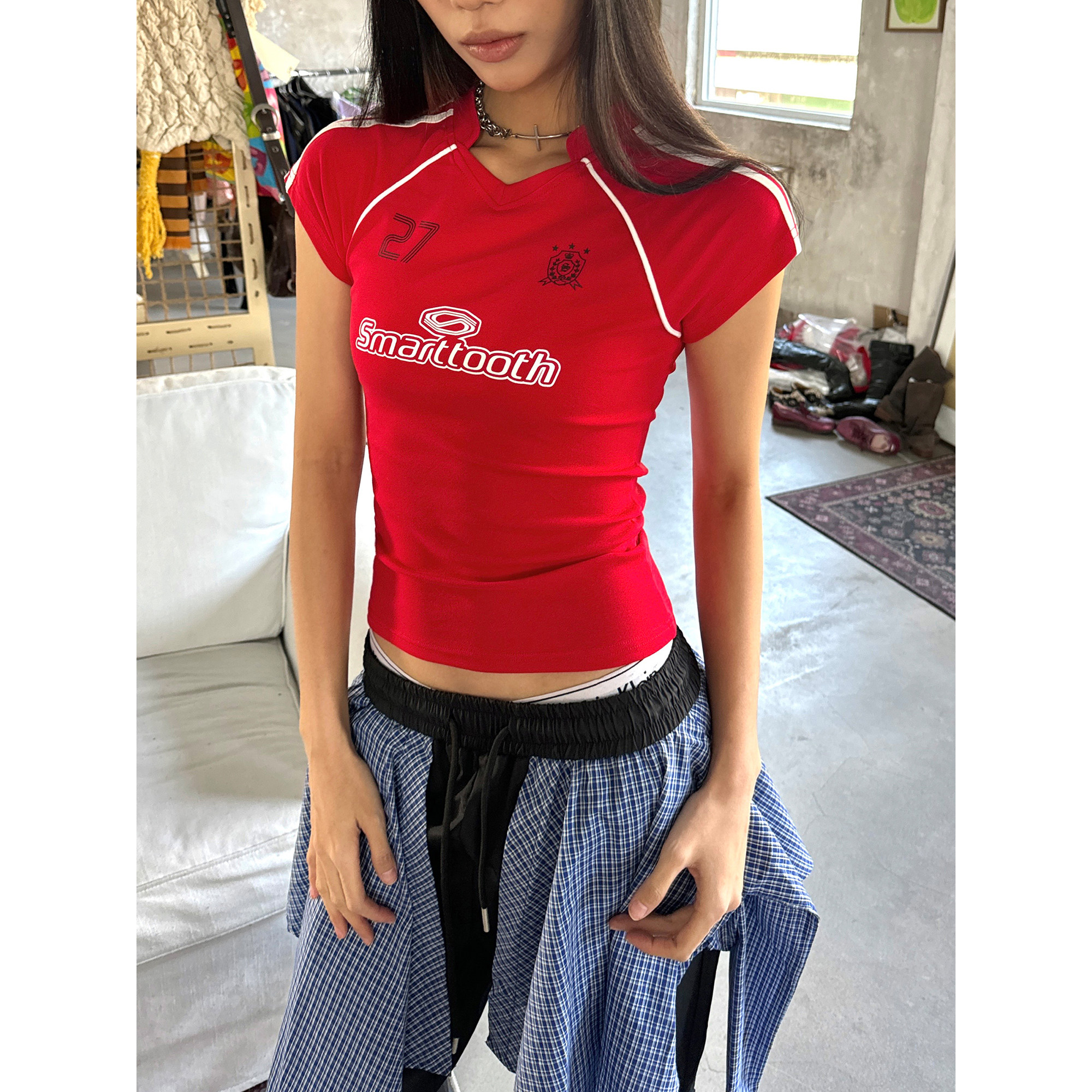 日本offcat复古红色足球宝贝球衣短袖 jennie同款紧身短t恤女夏季