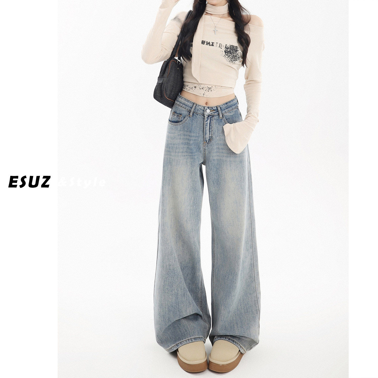日本offcat浅蓝加绒阔腿牛仔裤女2025秋冬梨形小个子宽松bf慵懒风