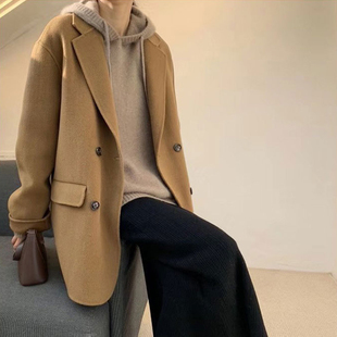 日本offcat驼色双面羊绒大衣女2024年秋冬新款短款毛呢小西装外套