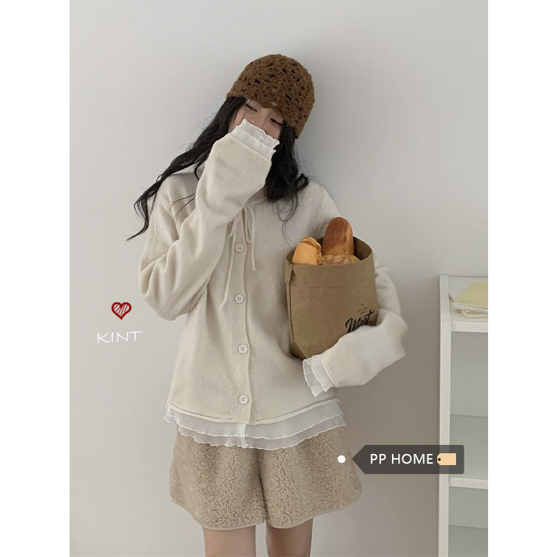日本offcat甜美荷叶边拼接圆领针织开衫女秋季韩系温柔宽松毛衣短