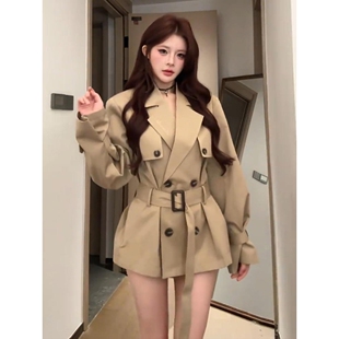日本offcat卡其色小个子风衣外套女2025秋新款高级感正肩短款英伦