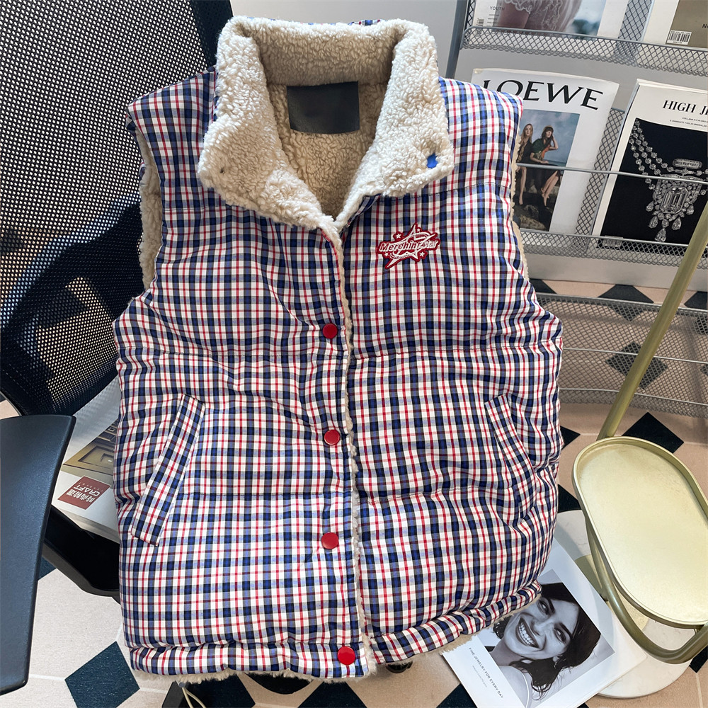 日本offcat美式复古双面穿格子羽绒马甲棉服女秋冬加厚保暖羊羔毛