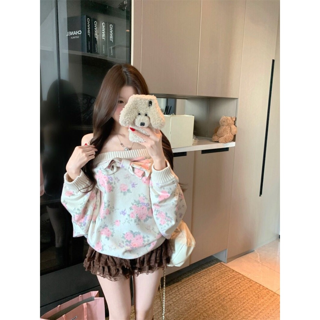 日本offcatPPHOME甜美风露肩碎花印花毛衣女秋冬宽松一字肩蝴蝶结