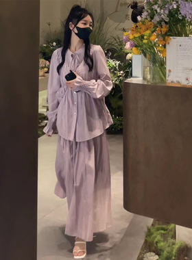 日本offcat2025春夏季新款女套装韩版休闲温柔盐系紫色衬衫裙子两