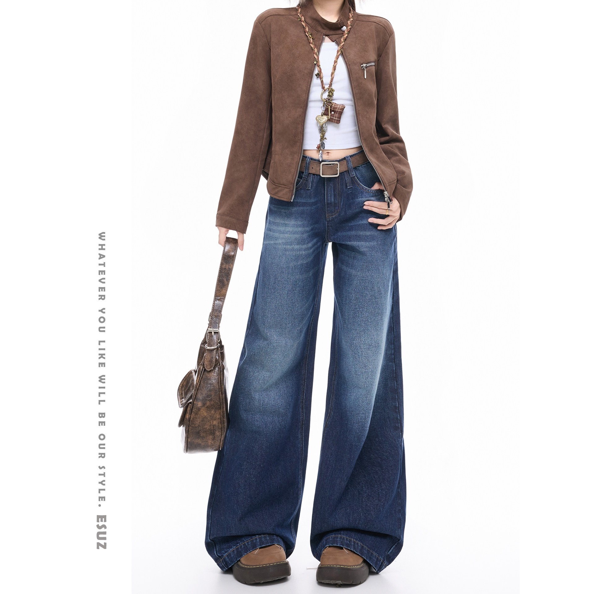 日本offcat复古深蓝阔腿牛仔裤女秋冬款美式高街宽松百搭梨形显瘦