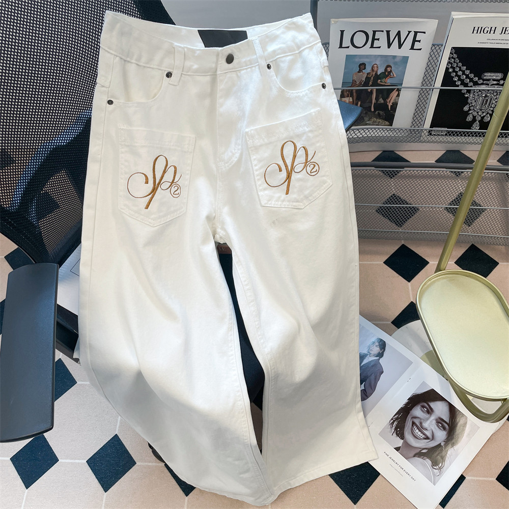 日本offcat美式复古反穿刺绣白色牛仔裤女秋季大码胖mm高腰直筒阔