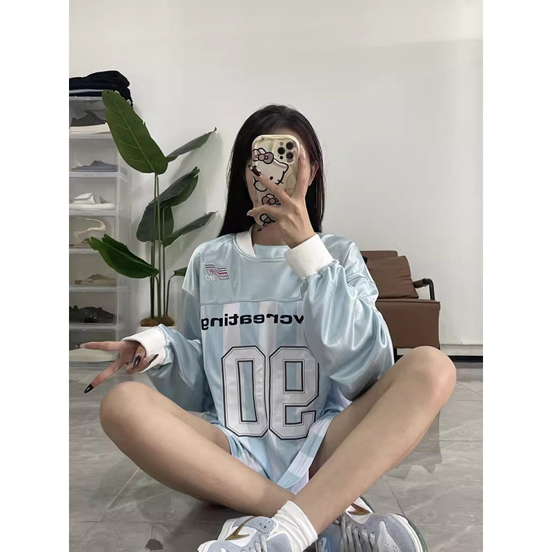 日本offcat透气网眼条纹足球服女装春秋季美式复古球衣运动长袖T