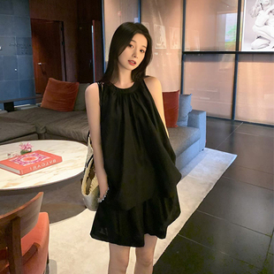 日本offcat2025夏新款天丝亚麻挂脖小衫短裤黑色显瘦套装女小个子