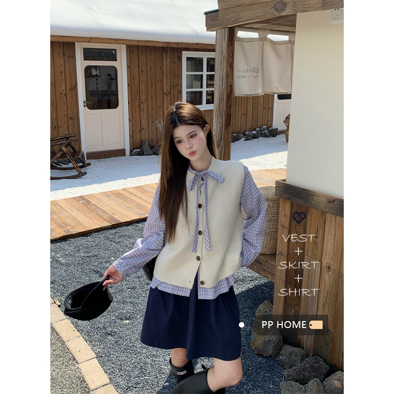 日本offcat学院风圆领针织马甲背心女秋季甜美蓝色格子衬衫上衣两