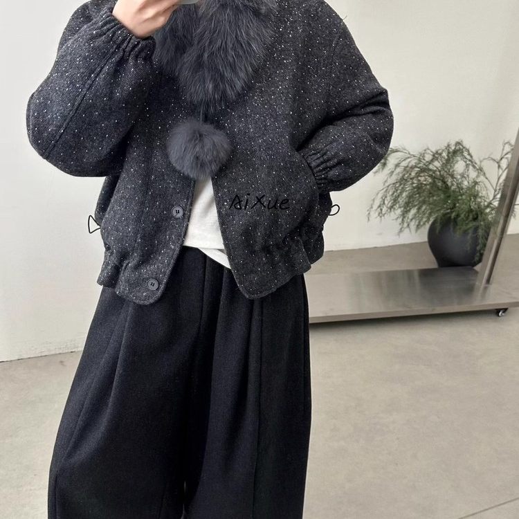 日本offcat狐狸毛领短款羽绒服女黑色毛呢宽松保暖外套冬季新款