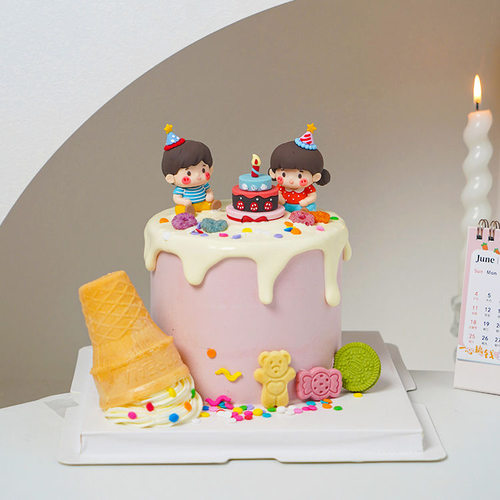 软胶派对帽男孩女孩吹蜡烛小蛋糕插件儿童龙凤胎双胞胎生日摆件
