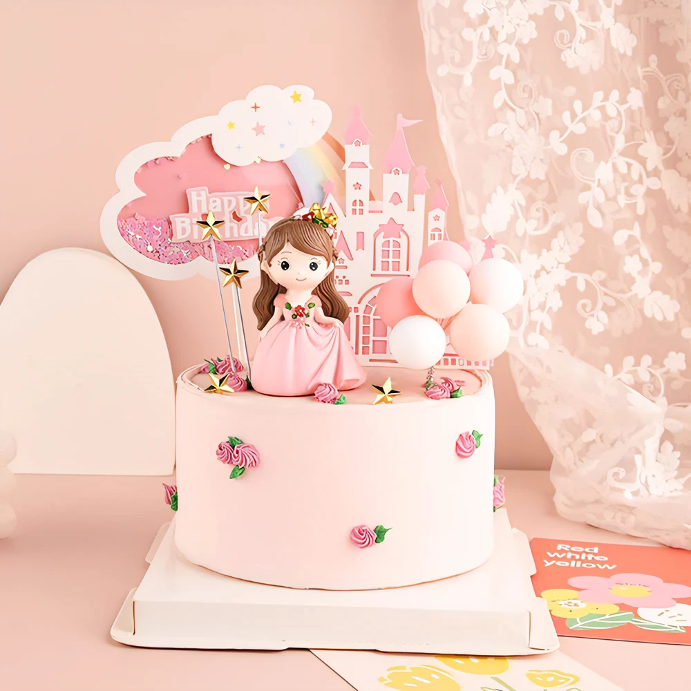 粉色薇拉公主蛋糕装饰摆件儿童少女心公主女孩子女生生日派对插件