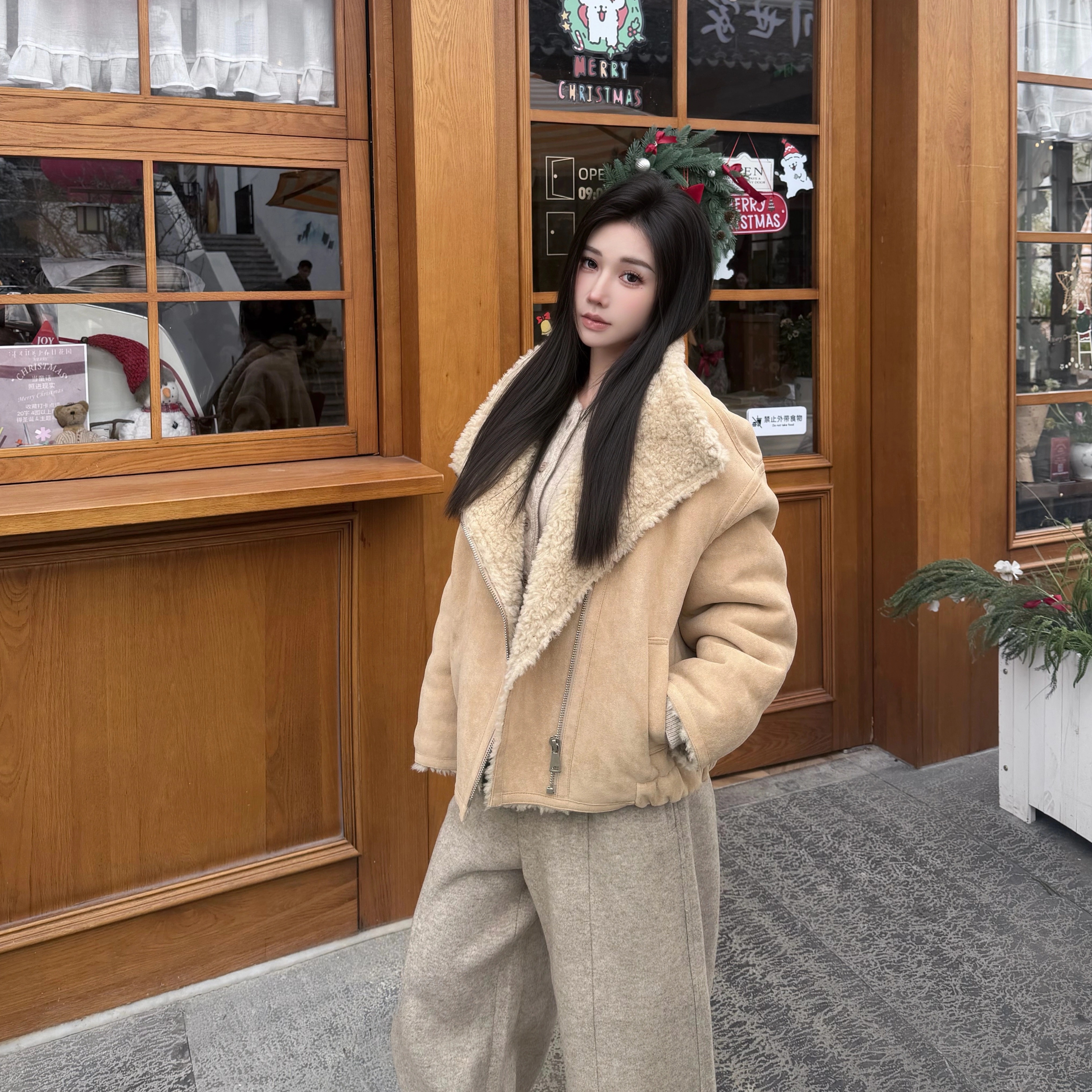 Narcos25冬季新款 酷飒软糯机车斜拉链麂皮绒羊毛皮草夹克外套女