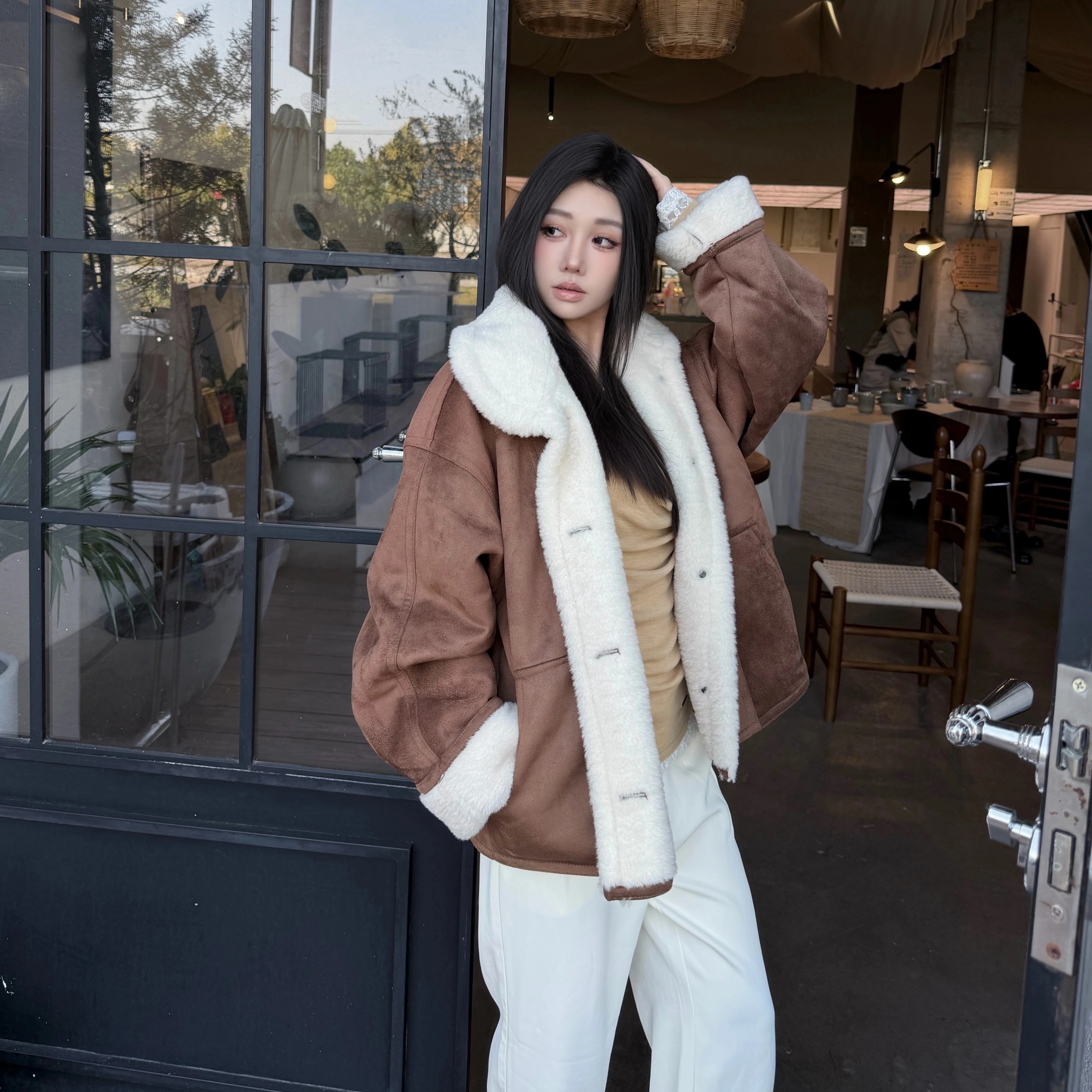 赵露思许妍同款Narcos皮毛一体羊羔毛外套女韩系短款上衣25冬新款