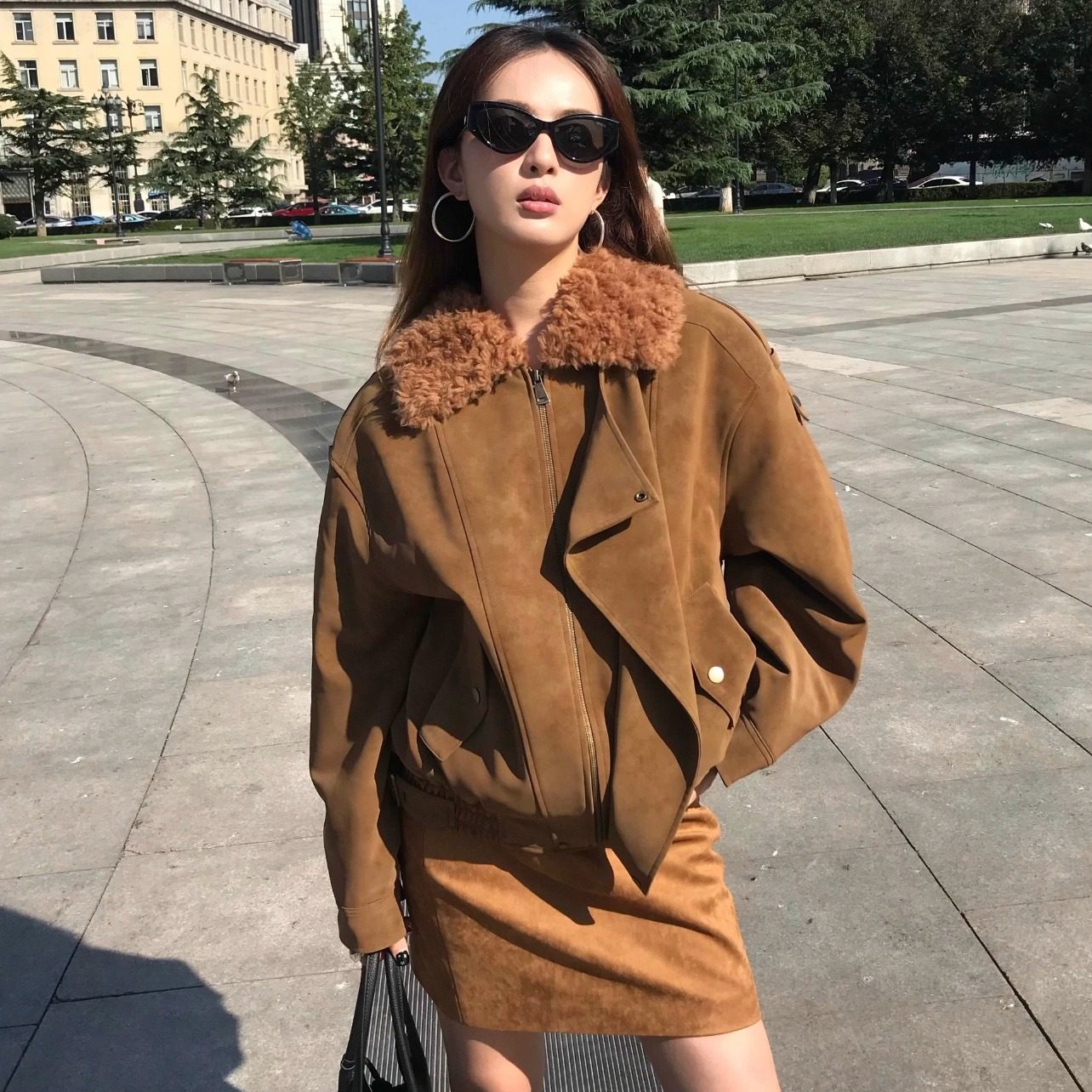 Narcos美拉德环保仿麂皮毛领皮草外套25冬季新款皮毛一体短款